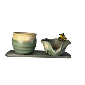 Handmade Pottery Frog Fountain And Planter Piece With Chinese Coin